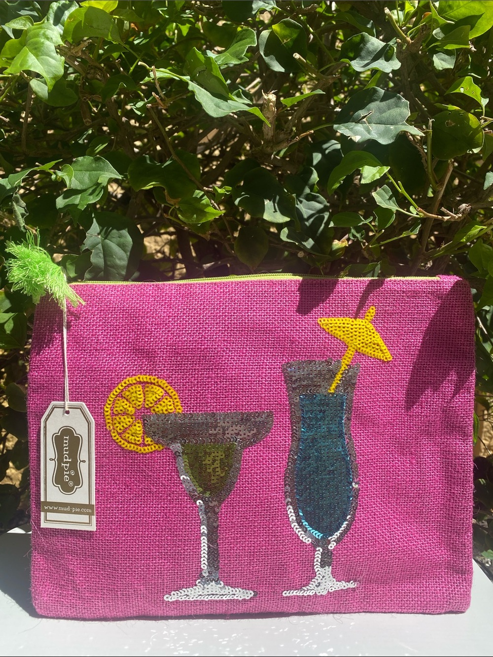 Mud Pie Pink Sequin Cocktail Zip Burlap Pouch